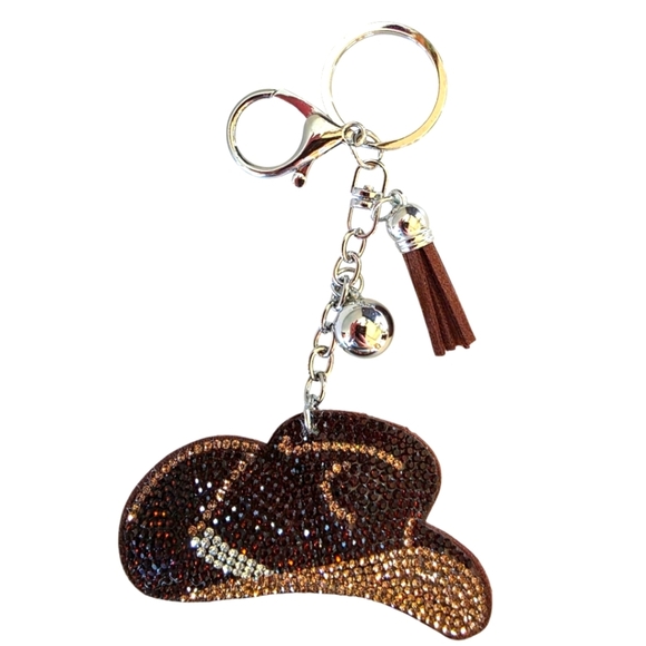 Brown Rhinestone Cowboy Hat Purse Charm keyring - Picture 2 of 3